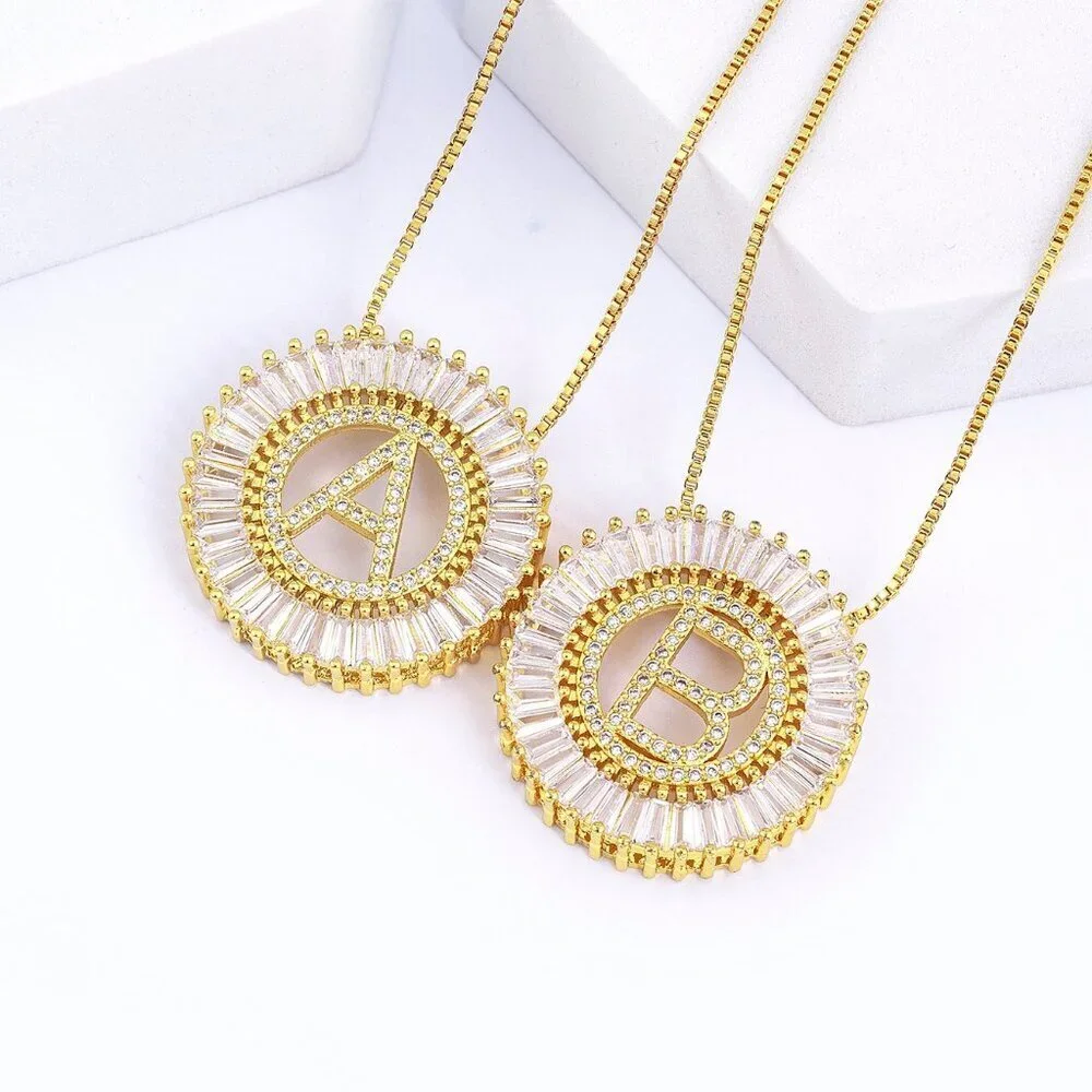 Yellow Gold Women's Large Letter Detail Cubic Zirconia Round Charm Necklace_10